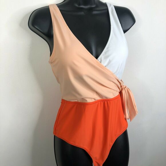 NEW Cupshe Colorblock Plunging One Piece Swimsuit Orange White Size Medium - Picture 3 of 9